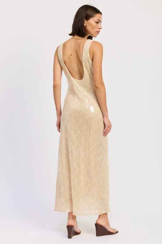 EMBELLISHED MIDI SEQUIN DRESS WITH OPEN SCOOP BACK