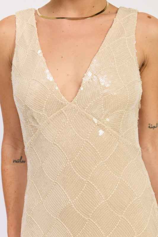 EMBELLISHED MIDI SEQUIN DRESS WITH OPEN SCOOP BACK