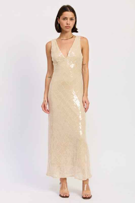 EMBELLISHED MIDI SEQUIN DRESS WITH OPEN SCOOP BACK