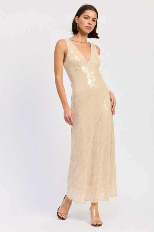 EMBELLISHED MIDI SEQUIN DRESS WITH OPEN SCOOP BACK