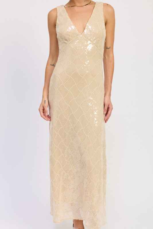 EMBELLISHED MIDI SEQUIN DRESS WITH OPEN SCOOP BACK