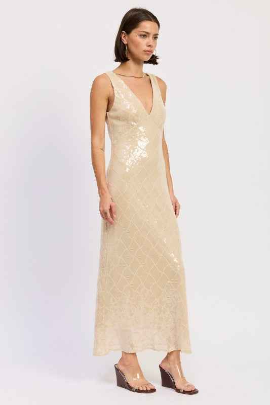 EMBELLISHED MIDI SEQUIN DRESS WITH OPEN SCOOP BACK