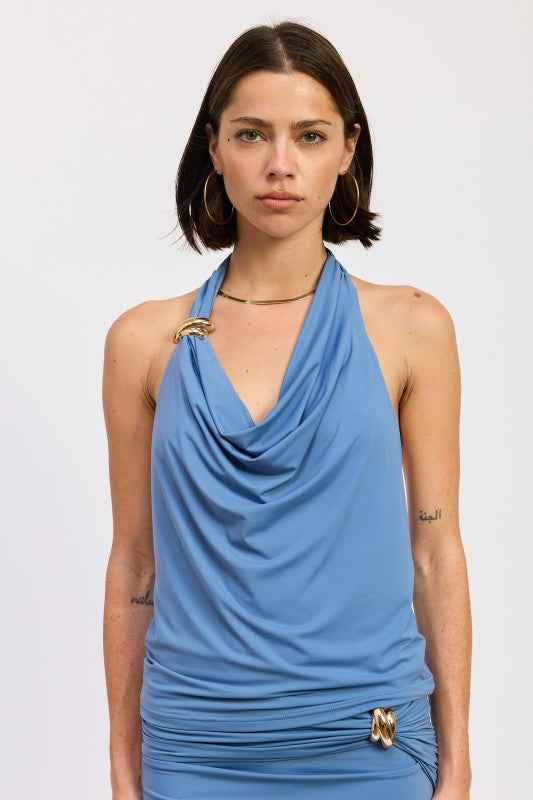 SLEEVELESS COWL NECK TOP WITH GOLD TRIM