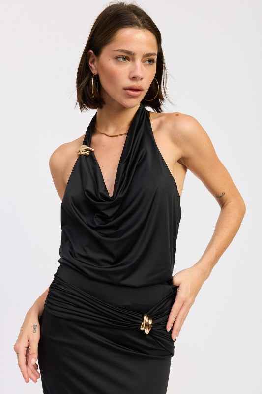 SLEEVELESS COWL NECK TOP WITH GOLD TRIM