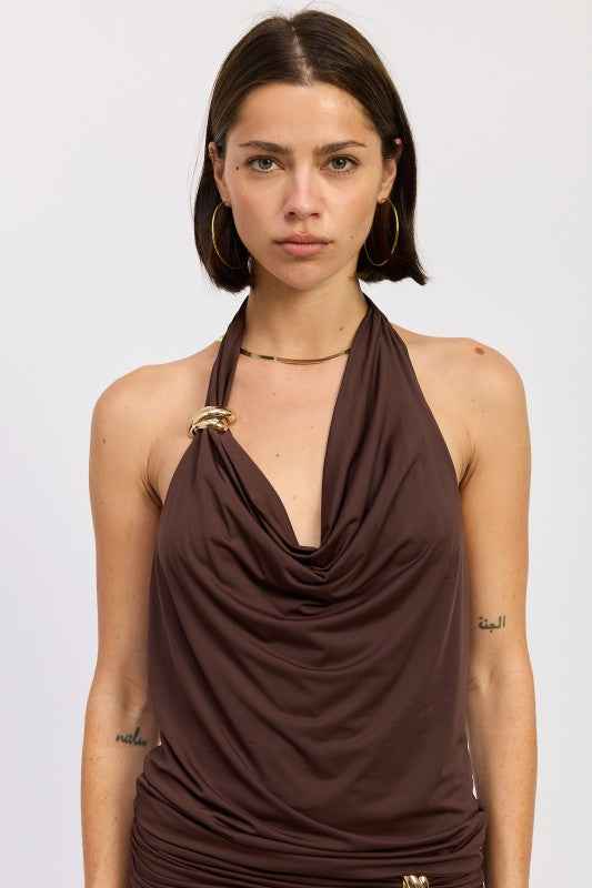 SLEEVELESS COWL NECK TOP WITH GOLD TRIM