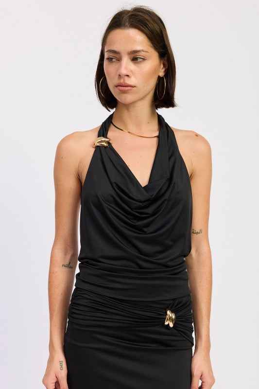 SLEEVELESS COWL NECK TOP WITH GOLD TRIM