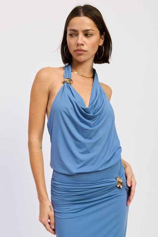 SLEEVELESS COWL NECK TOP WITH GOLD TRIM