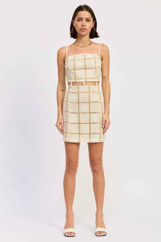 SQAURE NECK MINI CROCHET LACE BEADED DRESS