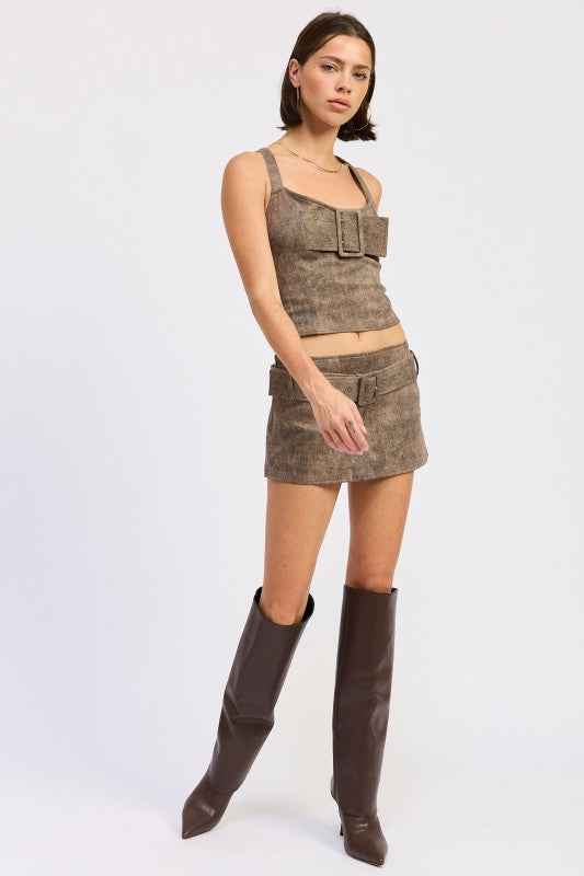 BUSTIER BELTED DENIM CROP TOP WITH BUCKLE DETAIL