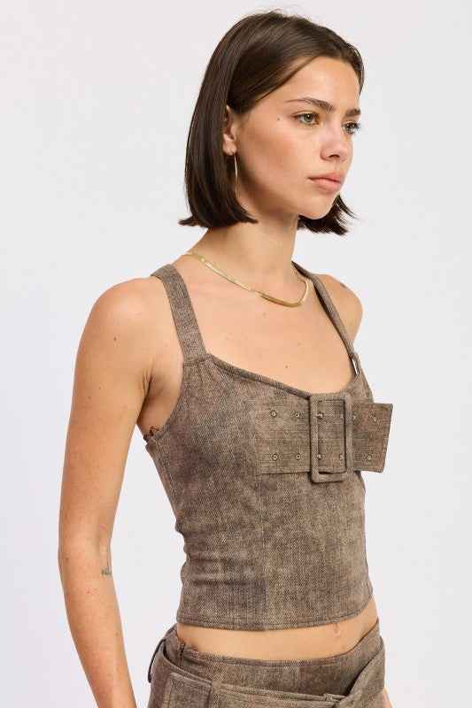 BUSTIER BELTED DENIM CROP TOP WITH BUCKLE DETAIL