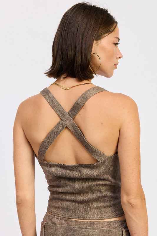 BUSTIER BELTED DENIM CROP TOP WITH BUCKLE DETAIL