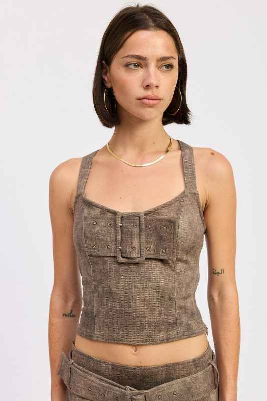 BUSTIER BELTED DENIM CROP TOP WITH BUCKLE DETAIL