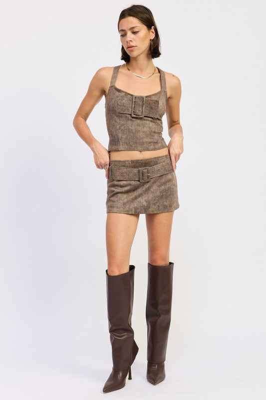 BUSTIER BELTED DENIM CROP TOP WITH BUCKLE DETAIL