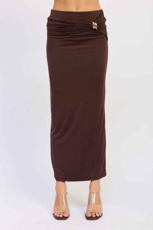 MAXI RUCHED KNITSKIRT WITH GOLD TRIM