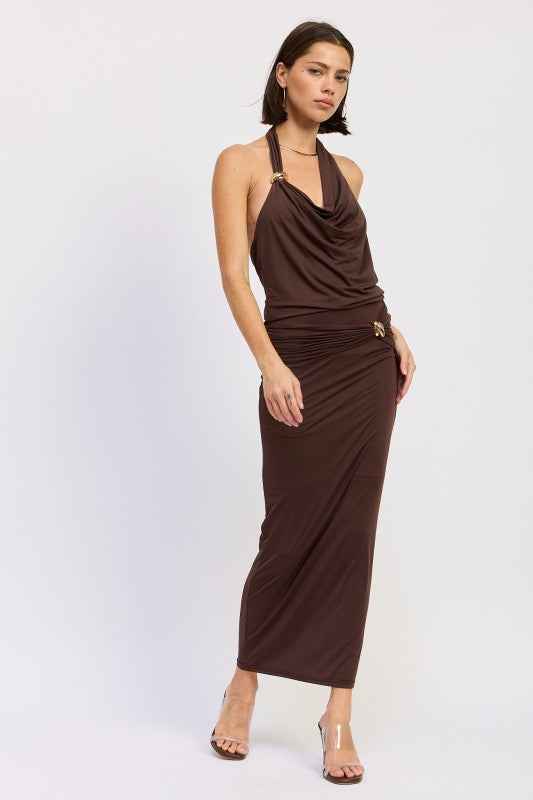 MAXI RUCHED KNITSKIRT WITH GOLD TRIM