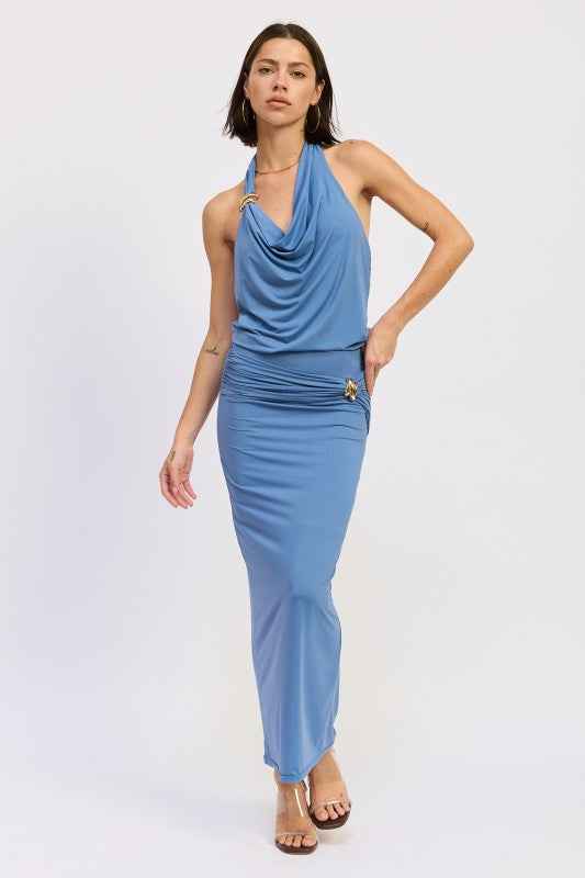 MAXI RUCHED KNITSKIRT WITH GOLD TRIM