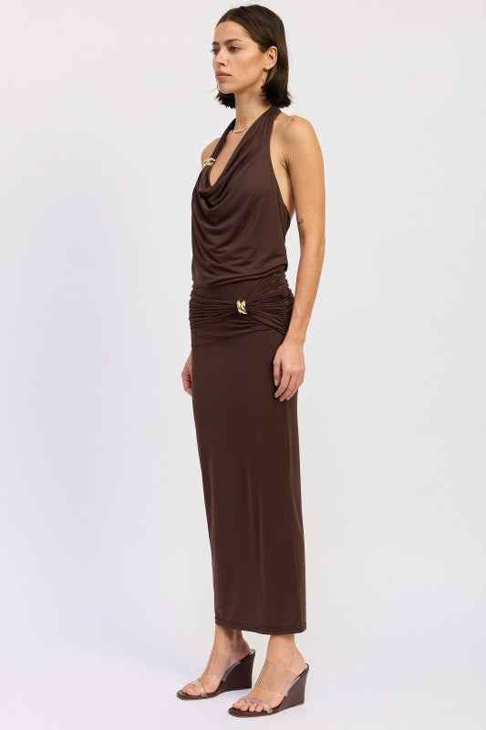 MAXI RUCHED KNITSKIRT WITH GOLD TRIM