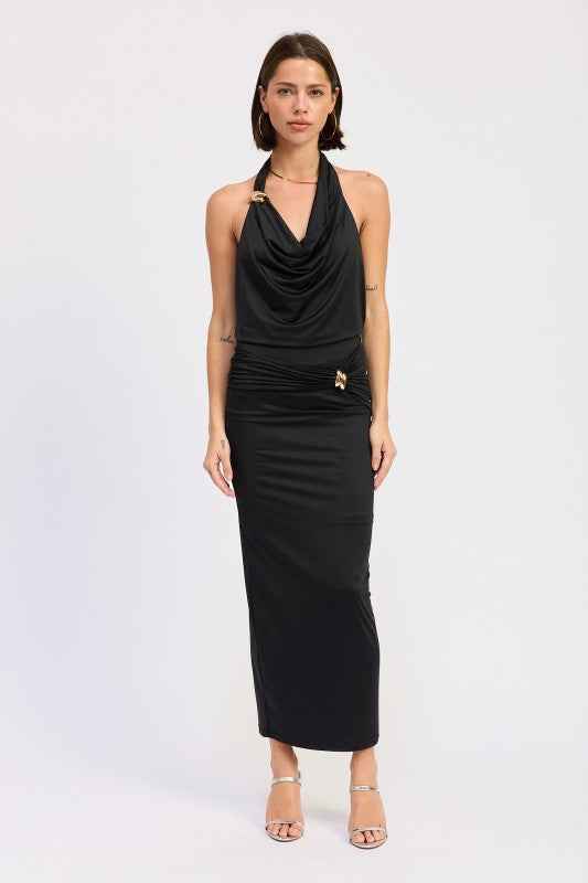 MAXI RUCHED KNITSKIRT WITH GOLD TRIM