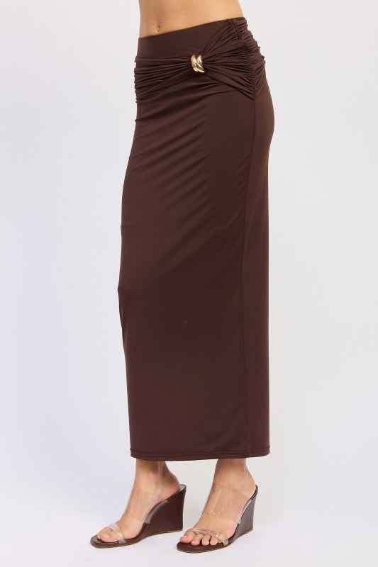 MAXI RUCHED KNITSKIRT WITH GOLD TRIM