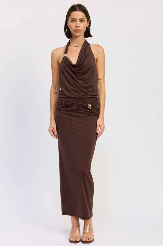MAXI RUCHED KNITSKIRT WITH GOLD TRIM