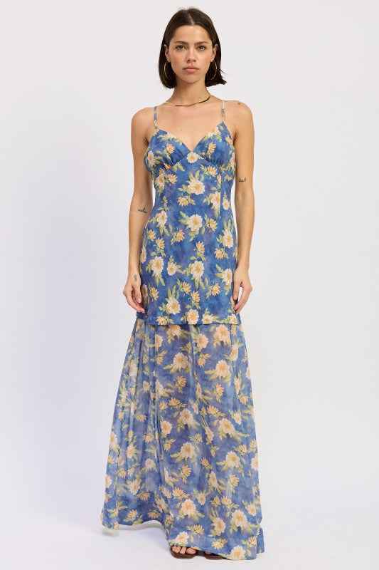 MAXI FLORAL CROSS TIE BACK DRESS