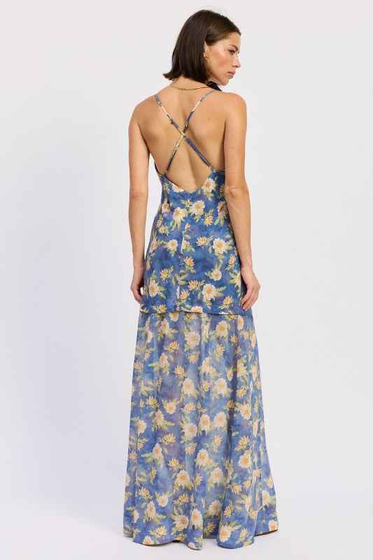 MAXI FLORAL CROSS TIE BACK DRESS