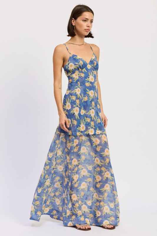 MAXI FLORAL CROSS TIE BACK DRESS