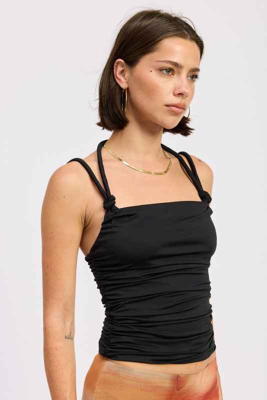RUCHED ROPE TIE HALTER TOP
