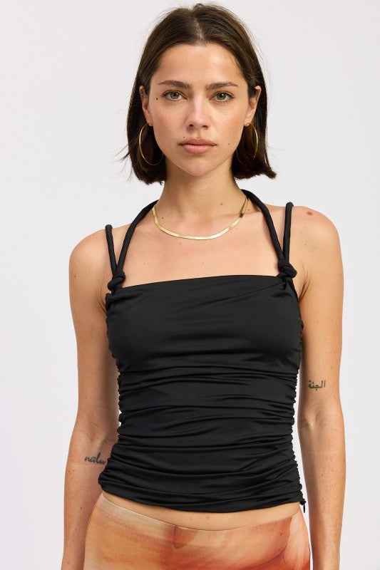 RUCHED ROPE TIE HALTER TOP