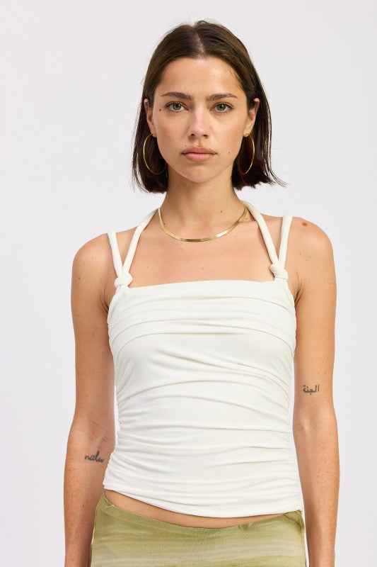 RUCHED ROPE TIE HALTER TOP