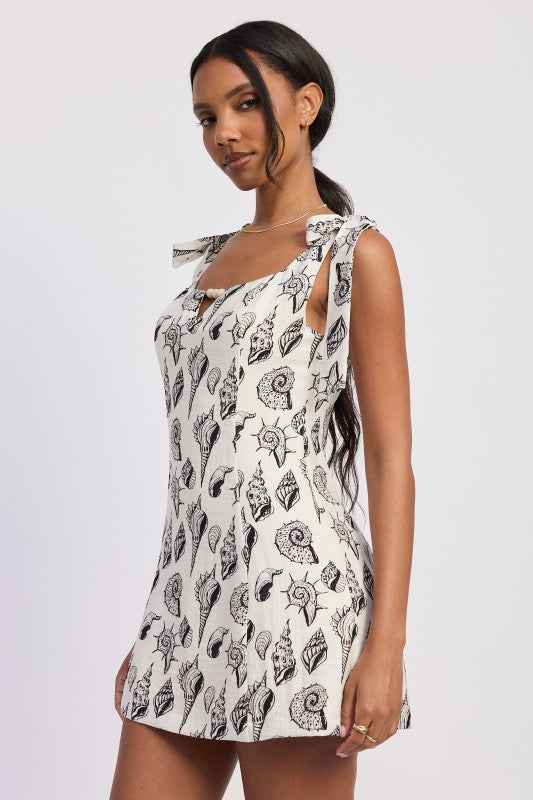 SQAURE NECK FITTED MINI DRESS WITH TIE STRAPS