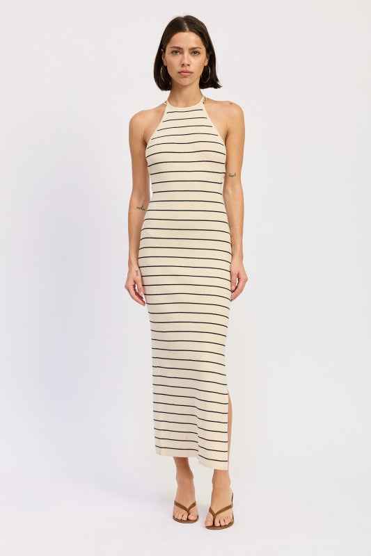 OPEN BACK MIDI HALTER STRIPED DRESS