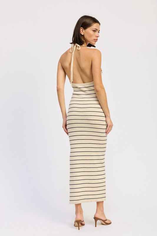 OPEN BACK MIDI HALTER STRIPED DRESS