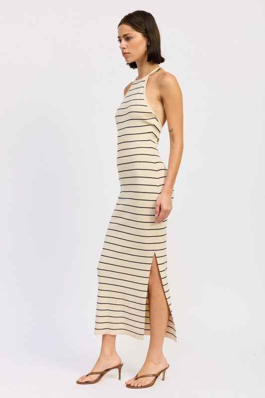 OPEN BACK MIDI HALTER STRIPED DRESS
