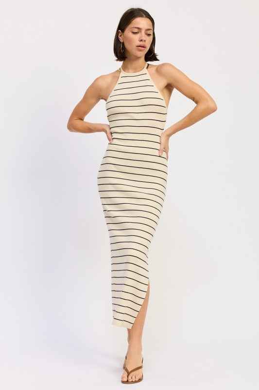 OPEN BACK MIDI HALTER STRIPED DRESS