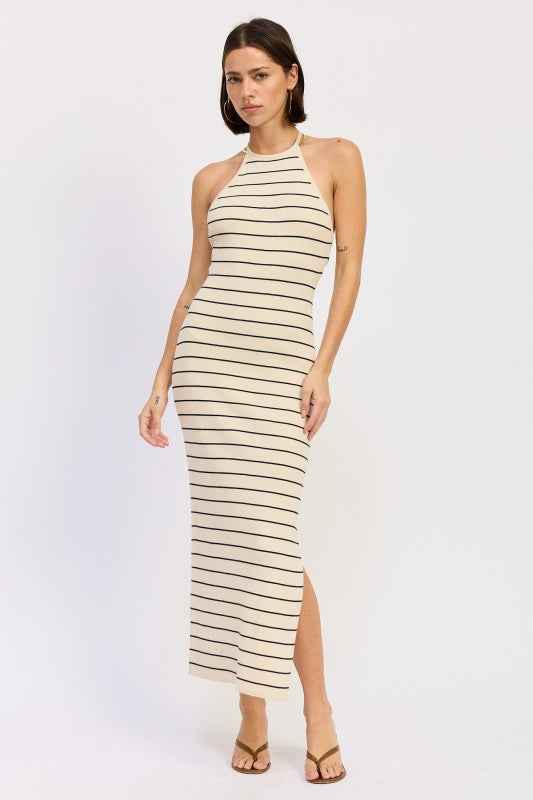 OPEN BACK MIDI HALTER STRIPED DRESS