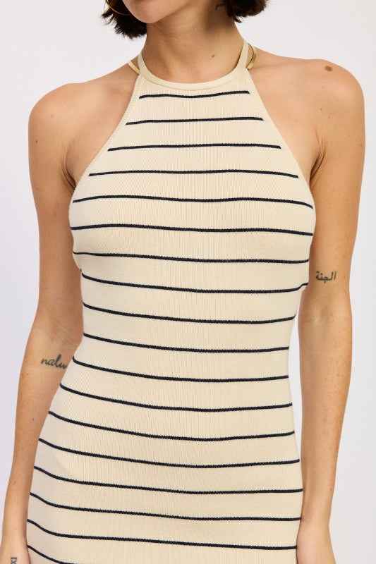 OPEN BACK MIDI HALTER STRIPED DRESS