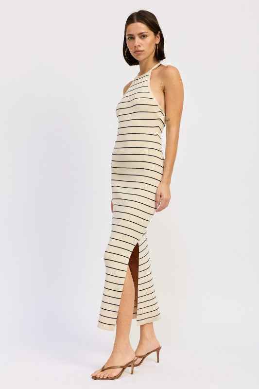 OPEN BACK MIDI HALTER STRIPED DRESS