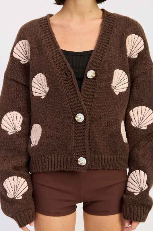 V NECK BUTTON FRONT APPLIQUE CARDIGAN
