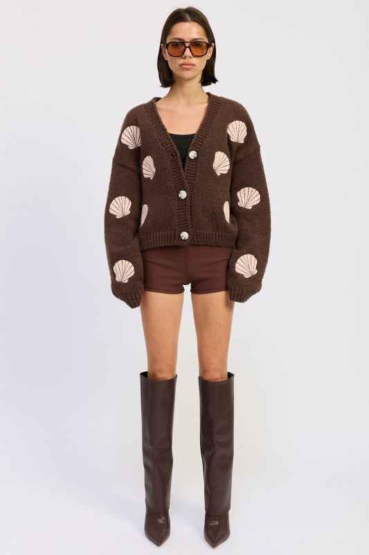 V NECK BUTTON FRONT APPLIQUE CARDIGAN