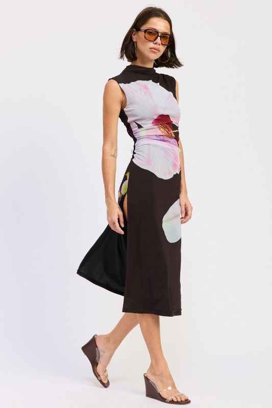 FLORAL MESH MIDI SLEEVELESS DRESS