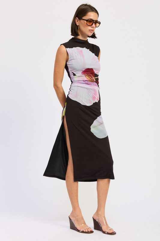 FLORAL MESH MIDI SLEEVELESS DRESS