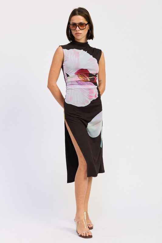 FLORAL MESH MIDI SLEEVELESS DRESS