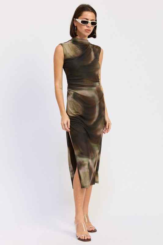 MIDI MESH SLEEVELESS MOCK NECK DRESS