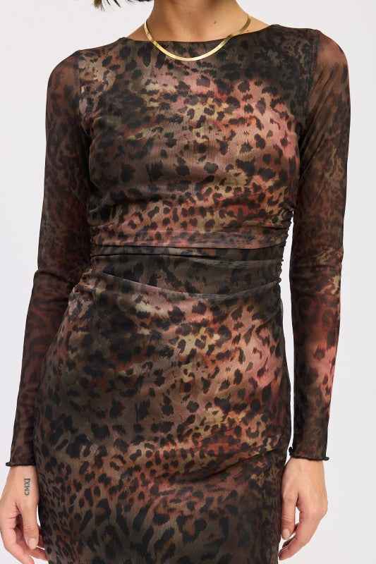 MINI OPEN BACK MESH ANIMAL PRINT DRESS