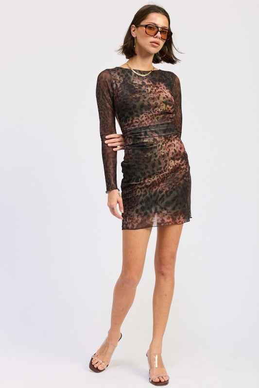 MINI OPEN BACK MESH ANIMAL PRINT DRESS