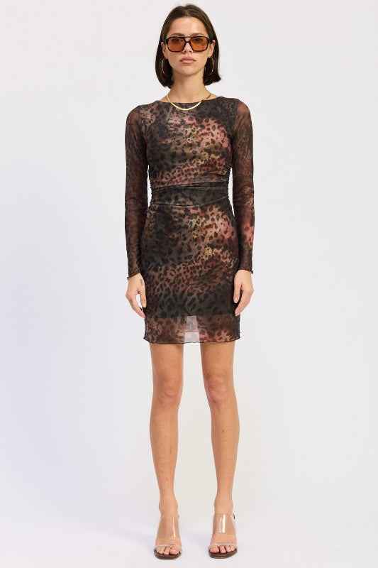 MINI OPEN BACK MESH ANIMAL PRINT DRESS