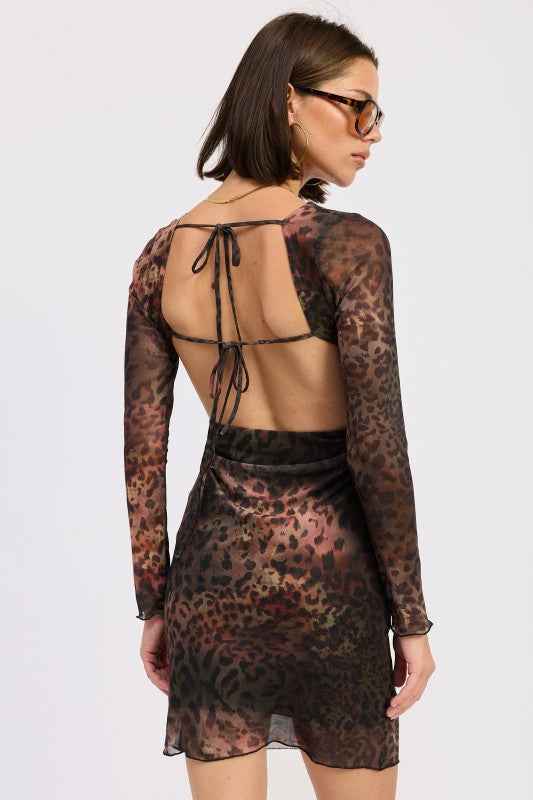MINI OPEN BACK MESH ANIMAL PRINT DRESS
