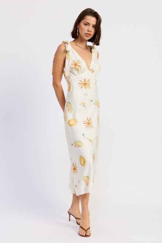 V NECK MIDI DRESS WITH SHOULDER BOW TIE