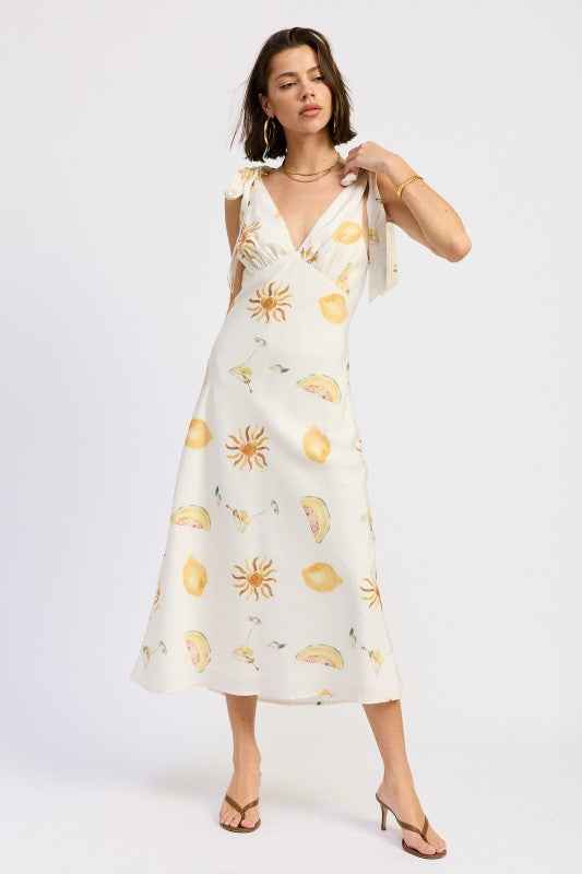 V NECK MIDI DRESS WITH SHOULDER BOW TIE